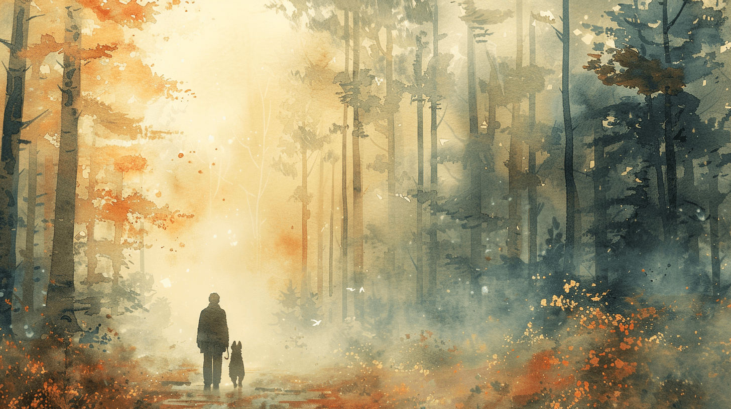A person and their companion walking through a soft, misty forest